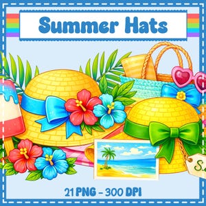 May include: Illustration of summer hats with floral and bow accents. The image includes a yellow straw hat with a blue bow and red and blue flowers, a green-bowed hat, a beach scene, and a basket with sunglasses. The text "Summer Hats" is displayed.