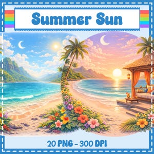 May include: A digital illustration of a tropical beach scene with the text "Summer Sun". The image features a sandy beach, turquoise water, palm trees, and a sunset. Colorful flowers line the beach, and a gazebo is on the right. The image is framed with a blue border.