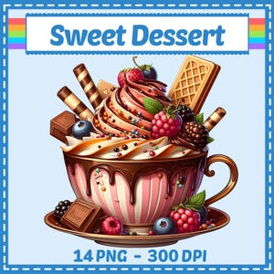 以下が含まれることがあります： ピンクと白のストライプのティーカップにチョコレートとバニラのソフトクリームが入り、ラズベリー、ブルーベリー、ブラックベリー、チョコレートウエハーススティック、ワッフルクッキーがトッピングされています。Sweet Dessert 14 PNG 300 DPIというテキストが表示されています。