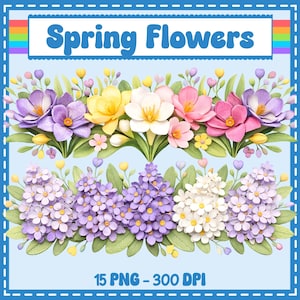 May include: A digital illustration featuring a variety of spring flowers in shades of purple, yellow, pink, and white. The words "Spring Flowers" are displayed in a blue banner. The image also includes the text "15 PNG - 300 DPI".