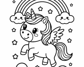 Op de afbeelding: Zwart-wit illustratie van een cartoon eenhoorn met een regenboog, wolken en sterren. De eenhoorn heeft een hoorn, vleugels en een vloeiende manen en staart. De wolken en sterren hebben lachende gezichten.