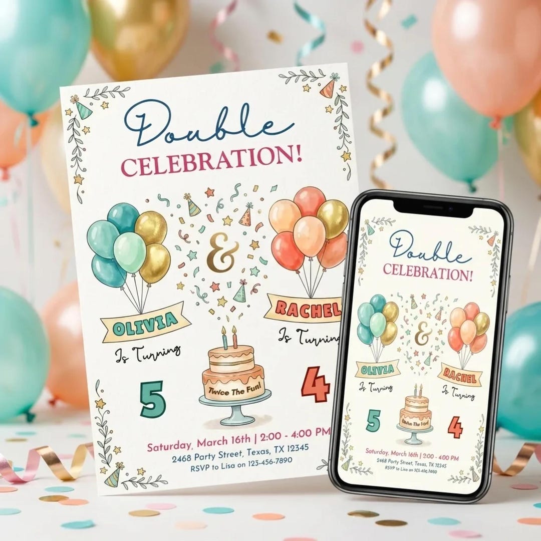 Double Celebration Invitation - Digital Download for Joint Birthday ...
