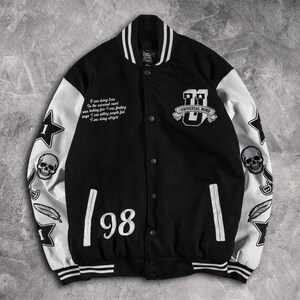Universal Mind Varsity Jacket – Black & White Embroidered Skull Star Letterman Bomber with Faux Leather Sleeves