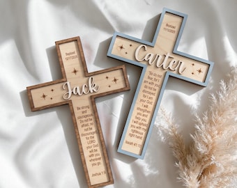 Personalized Baptism Cross for Boys, Custom Name Baby Dedication Gift, Wood Wall Cross with Bible Verse, First Communion Gift