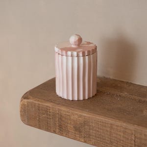 May include: A pink ceramic jar with a lid, featuring a ribbed design on the body and a patterned top. The jar is cylindrical and sits on a wooden shelf. The lid has a small, spherical handle. The color palette is soft, with pink and white tones.