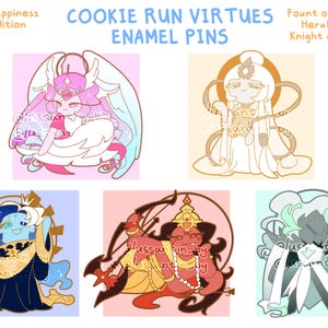 May include: Enamel pins featuring Cookie Run characters. The pins include characters like Sugar of Happiness, Saint of Volition, Fount of Knowledge, Herald of Change, and Knight of Solidarity. Each pin is approximately 2 inches (5.08 cm) tall.