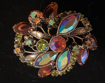 Broche Vintage En Argent Rose Strass Aurora Borealis - Fleur, Occasion