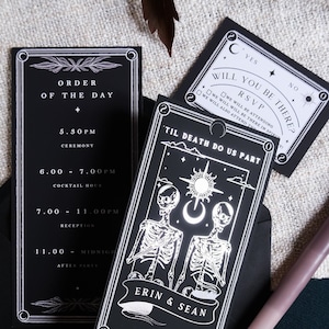 Suite unique d'invitations de tarots décorés « Jusqu'à ce que la mort nous sépare », ensemble personnalisé de 3 pièces pour mariage et événements
