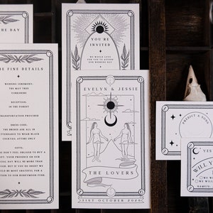 Suite d'invitations de tarot 3 pièces inspirées du Tarot « THE LOVERS » gothique romantique, ensemble RSVP personnalisé dramatique pour mariage et événement