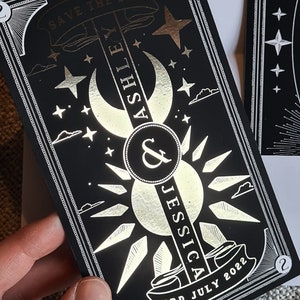 Unique Gold Foil 'Dusk and Dawn Tarot Card' Save the Date, Personalised Save the Date card for Wedding & Events