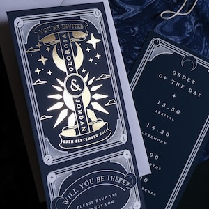 Faire-part carte de tarot « Soleil et lune » en feuille d'or, carte RSVP d'invitation personnalisée pour mariage et événements
