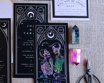 Unique Foiled Tarot Card Invitation Suite 'Til Death Do Us Part', Personalised 3 piece set for Wedding & Events