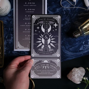 Carte de tarot unique « Aube et crépuscule », carte RSVP d'invitation personnalisée pour mariage et événements