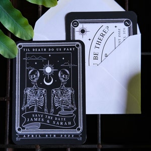 Carte de tarot unique 2 pièces « Jusqu'à ce que la mort nous sépare », aimant réservez votre date et carte RSVP pour mariage et événements