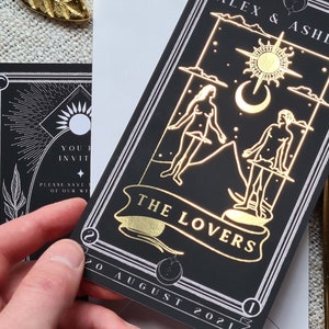 The Lovers Tarot Card Save the Date, Gold Foil, Personalised Save the Date card for Wedding & Events