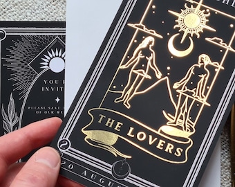 The Lovers Tarot Card Save the Date, Gold Foil, Personalised Save the Date card for Wedding & Events