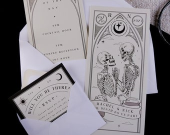 Invitación única de la carta del Tarot 'Hasta que la muerte nos separe', tarjeta RSVP de invitación personalizada para bodas y eventos