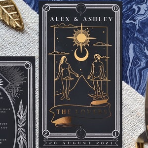 Feuille d'or unique « Carte de tarot des amoureux » Réservez la date, carte « Réservez la date » personnalisée pour mariage et événements