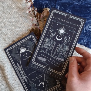 Carte de tarot "Retenez cette date" unique « Jusqu'à ce que la mort nous sépare », carte de réservation personnalisée pour mariage et événements