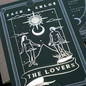 Réservez votre date avec tarot avec feuille d'or - Faire-part de mariage gothique personnalisable pour tous les couples avec un design céleste