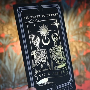 Unique Gold Foil 'til Death Do us Part' Tarot Card Save the Date, Personalised Save the Date card for Wedding & Events