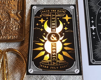 Unique Gold Foil 'Dusk and Dawn Tarot Card' Save the Date, Personalised Save the Date card for Wedding & Events