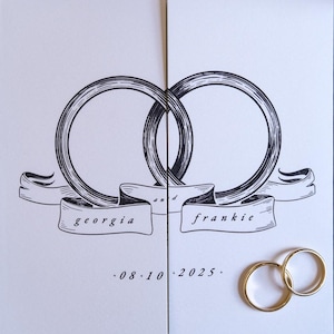 Faire-part de mariage gatefold avec anneaux entrelacés - Faire-part de mariage gothique minimaliste personnalisé en noir ou blanc