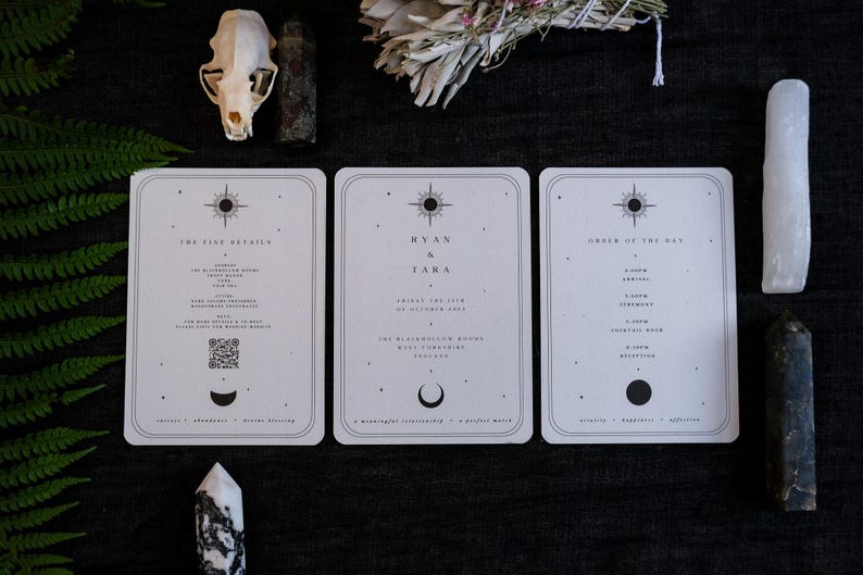 3-teilige Tarot Spread Hochzeitseinladung Set | Gothic Lovers Sonne Ace of Cups Design Bild 7