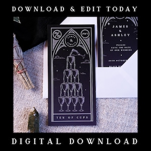 Druckbare Tarot Karte Save the Date 'Die Liebenden, '10 Tassen Tarot' Personalisierte Save the Date Einladung für Hochzeit - Instant Download