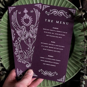 Carte de menu de mariage de tarot, design inspiré de Roméo et Juliette « Les amoureux de la croix », menu personnalisé pour les mariages gothiques et alternatifs