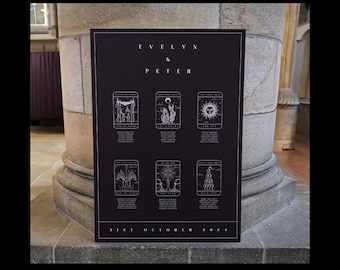 May include: A black wedding seating chart with the names "Evelyn & Peter" at the top. The chart features six illustrated tarot card designs. The date "31st October 2024" is at the bottom. Text at the top says "DOWNLOAD DIGITAL FILE" and at the bottom "FOR LOCAL PRINTING".
