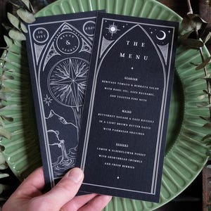 Carte de menu de mariage tarot, conception de tarot « The Star », menu personnalisé pour mariages gothiques et alternatifs