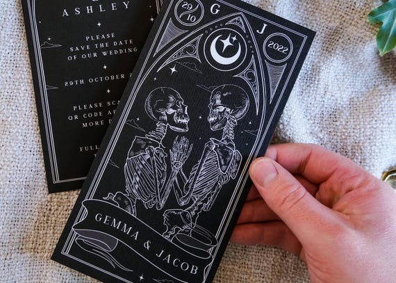 Unique Tarot Card Save the Date 'Til Death Do Us Part', Personalised Gothic Invitations