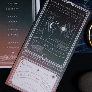 Faire-part de mariage tarot bohème – Design soleil et lune personnalisé pour des mariages fantaisistes et alternatifs