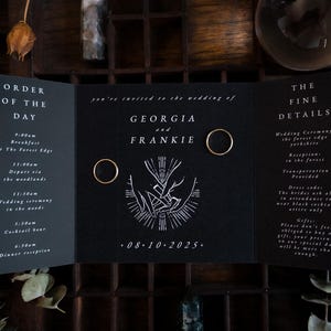 Gatefold Wedding Invitation with Interlocking Rings – Personalised Black or White Minimal Gothic Invite