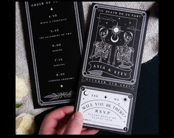 May include: Black and white wedding invitation with a skeleton couple illustration, the text "Til Death Do Us Part", and RSVP details. The invitation includes the text "Asia & Stev" and "October 5th 2021". The words "Download & Edit Today" and "Digital Download" are also visible.