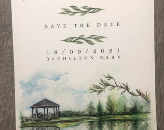 Custom Wedding Invitation with Watercolor Venue Painting, Save The Date, Custom Watercolor Wedding Venue Portrait, Wedding Church Portrait