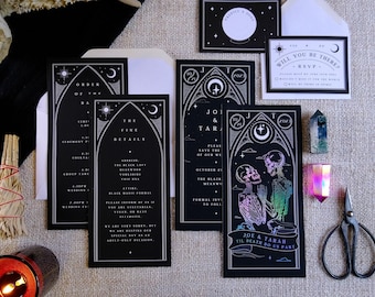 Gothic Wedding Invitation Suite | Til Death Do Us Part Foiled Tarot 3-Piece RSVP Set