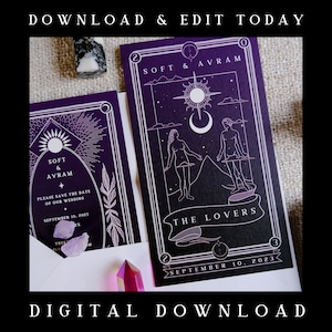 Carta del Tarot "Los Enamorados" imprimible para guardar la fecha. Invitación personalizada para guardar la fecha para bodas y eventos. Descarga instantánea.
