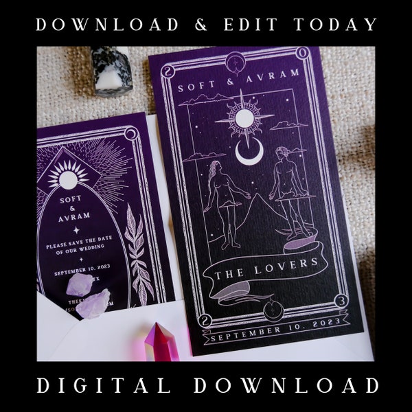 Printable 'The Lovers' Tarot Card Save the Date, Personalised Save the Date Invitation for Wedding & Events - Instant Download