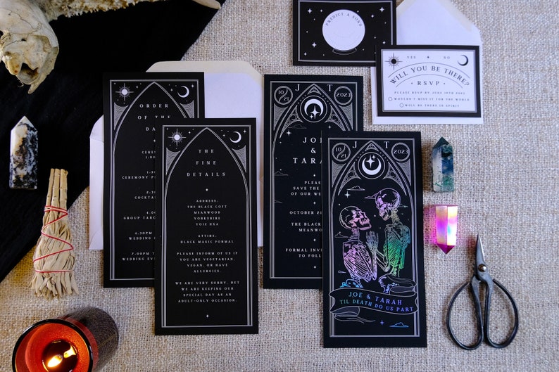 Unique Foiled Tarot Card Invitation Suite 'Til Death Do Us Part', Personalised 3 piece set for Wedding & Events image 1