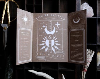 Boho Gatefold Wedding Invitation | Written in the Stars Kraft Paper Sun and Moon | Celestial Invite