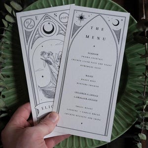 Carte de menu de mariage tarot, conception de tarot rose « Dans cette vie et la suivante », menu personnalisé pour mariages gothiques et alternatifs