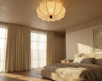 Lámpara de techo japonesa de seda, lámpara de dormitorio nórdica Wabi Sabi, luminaria LED color crema.