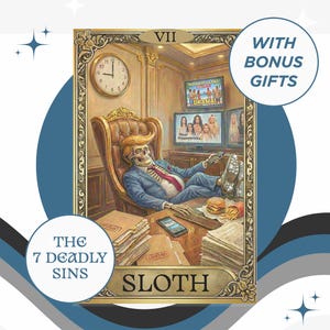 May include: A tarot card illustration depicting the sin of Sloth. A skeleton in a suit relaxes in a luxurious office, watching TV. The card features the text "VII", "The 7 Deadly Sins", and "SLOTH". The image includes a clock, a burger, and the words "WITH BONUS GIFTS".