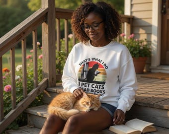 Katzen-Liebhaber-Leser-Sweatshirt | Gemütliches Bücherwurm Geschenk, Retro Sunburst Design