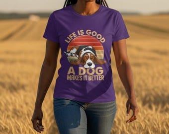 Das Leben ist gut, ein Hund macht es besser T-Shirt | Weißes Basset Hound Retro Sunset T-Shirt