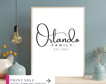 Personalized Family Name Sign, Custom Art Printable (Canva Editable)