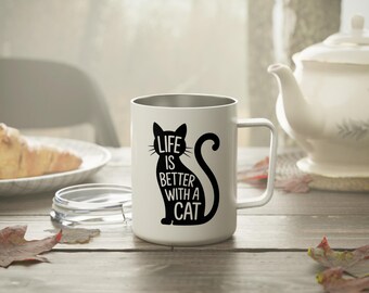 Black Cat Illustration Insulated Mug | 10oz