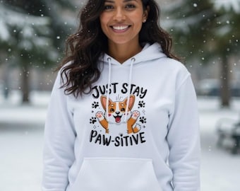 Corgi Hoodie | "Just Stay Paw-sitive" Dog Illustration, Paw Prints